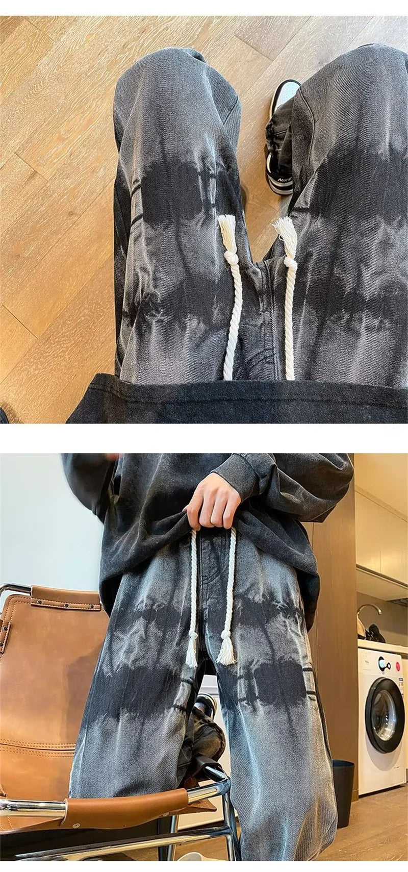 2025 new tie dye retro drawstring jeans for men baggy high street straight pants hip hop fashion casual y2k jean hombre pantalon unique jeans style 862