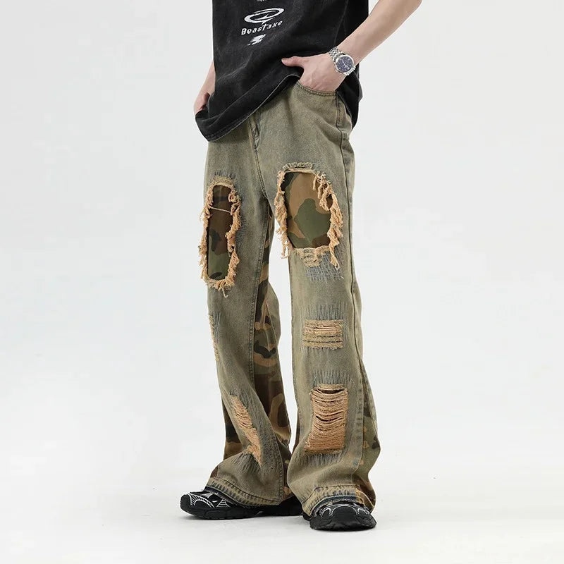 hip hop camouflage ripped patchwork denim pants for men y2k vintage streetwear wide leg jean 2025 new distressed baggy jeans ripped baggy denim