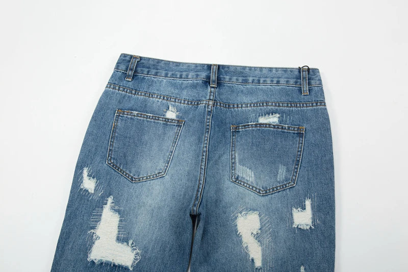 Harajuku Frayed Hole Straight Washed Retro Baggy Men's Jeans High Street Ripped Hip Hop Casual Oversized Denim Trousers