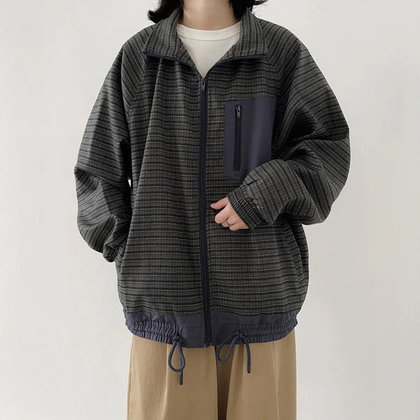 Autumn Japanese Retro Loose Casual Stand Up Collar Checked Jacket Mens