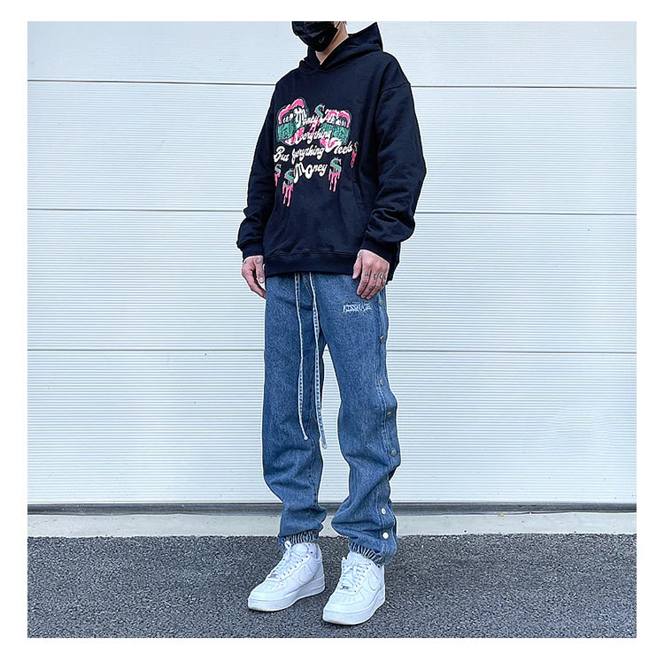washed distressed denim sweatpant cashew flower patchwork oversized splice buckle jogging jeans casual button baggy men clothing unique joggers style 4356