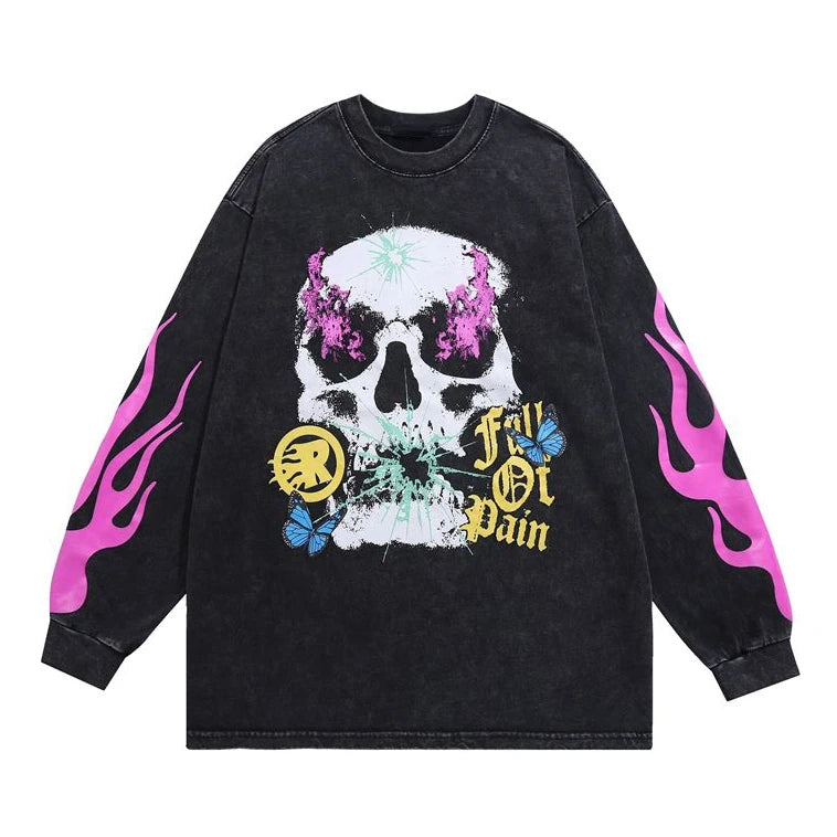 Cyberpunk Graphic Tee – Harajuku Skeleton Fire Printed Retro Distressed Washed T Shi – Urban Streetwear for Men & Women