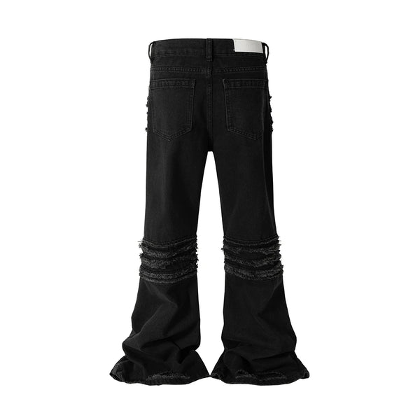y2k streetwear trendy oversized micro flare jeans black ro hip hop washed tassel distressed denim jean raw edge mens wide pants ripped baggy denim