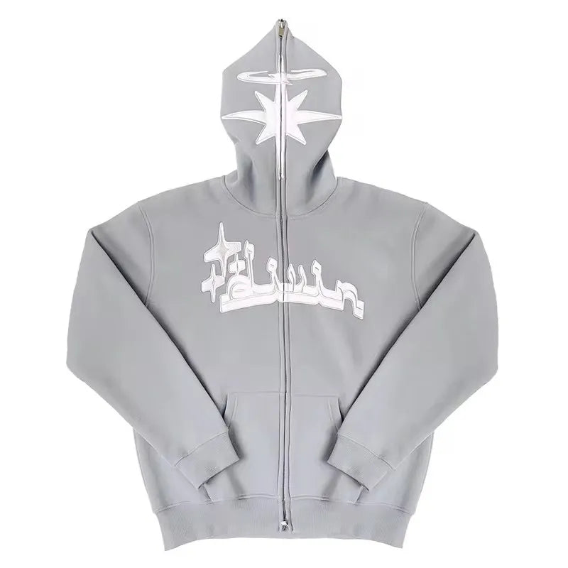 Y2K Full Zip Hoodies Embroidery Pattern Gothic Hooded Sweatshirts Over