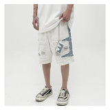 Mens High Street Denim Jean Shorts Casual Loose Destroyed Ripped Holes Loose Shorts Patchwork Hip Hop Streetwear Short Joggers