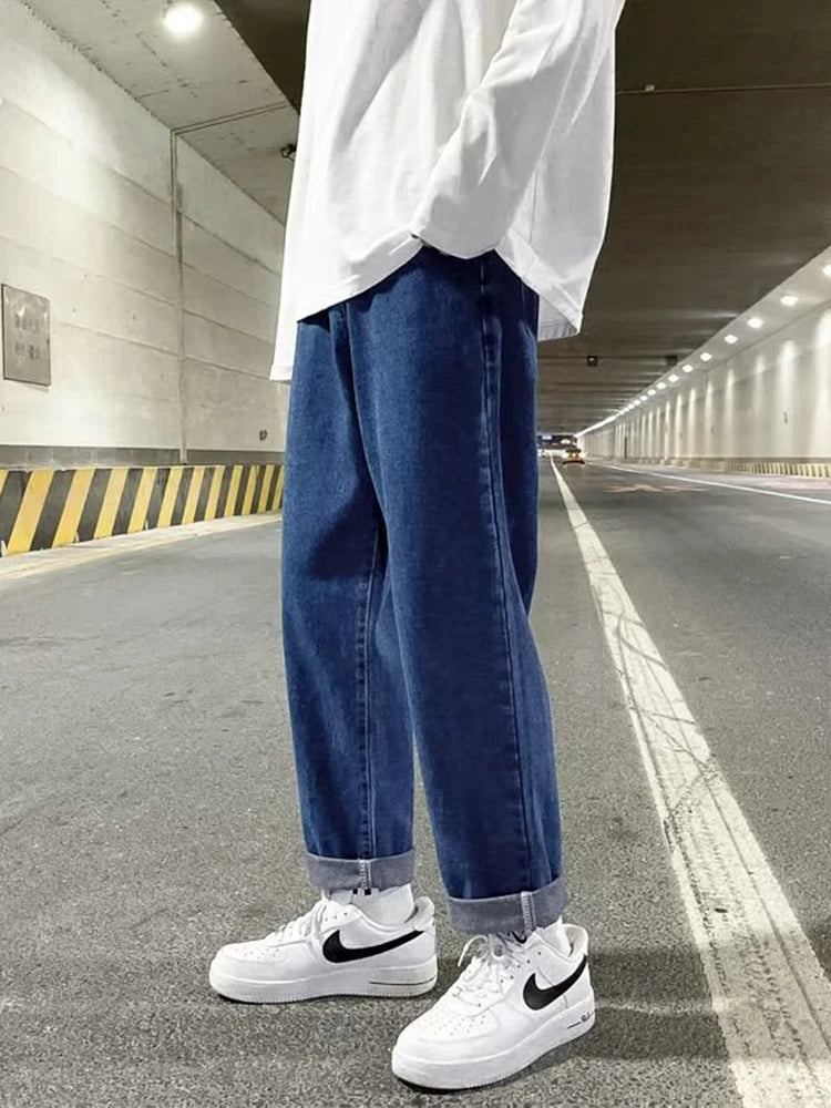 autumn korean fashion drawstring y2k jeans homme classic baggy straight wide leg pants 2025 new hip hop streetwear casual jean unique jeans style 711
