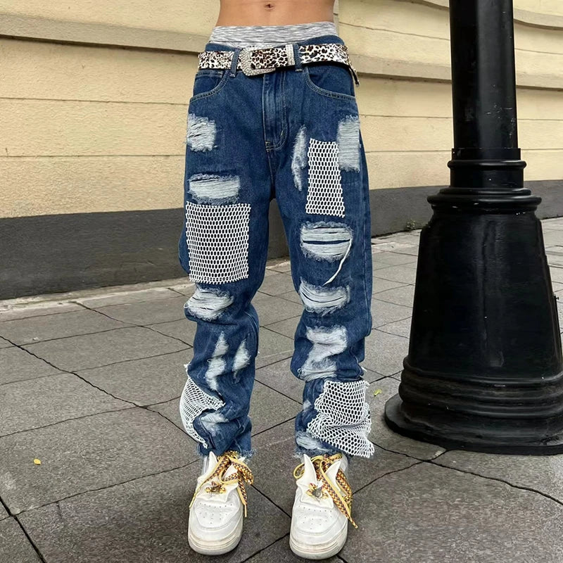 distressed skinny flared micro flare jean for mens mesh big destroyed ripped denim jeans hip hop biker jeans pants male unique jeans style 1318