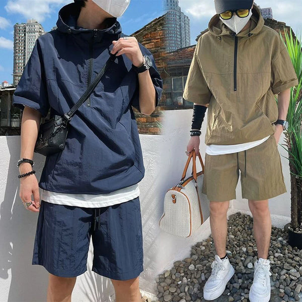 Mens Y2k Two-Piece Set 2024 Summer New Casual Loose High-Quality Zipper Fashion Hooded Work Top Solid Color Trendy Shorts Set
