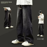 elastic waist baggy jeans for men side striped wide leg denim pants korean fashion casual trousers y2k vintage jean hombre vintage washed jeans