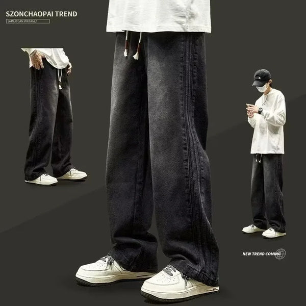 elastic waist baggy jeans for men side striped wide leg denim pants korean fashion casual trousers y2k vintage jean hombre vintage washed jeans
