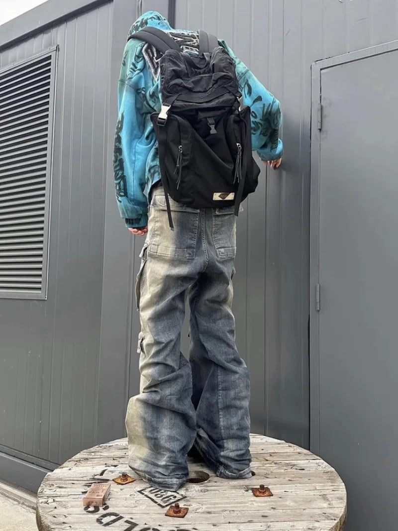 fashion denim baggy cargo jean pants men hip hop elastic waist wide legs retro washed jeans side pocket streetwear jeans joggers relaxed fit joggers