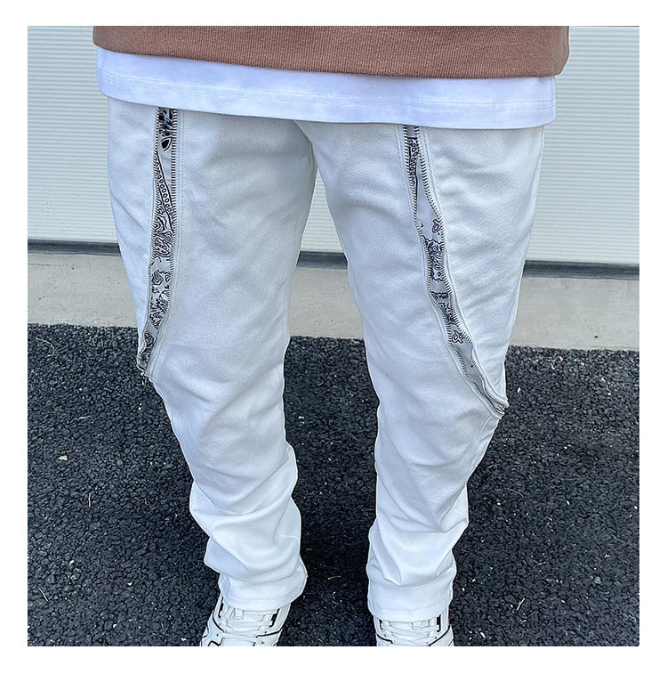 high street black white straight zipper becomes slightly flared denim jeans harajuku casual hip hop cashew flower jeans for men unique jeans style 4414