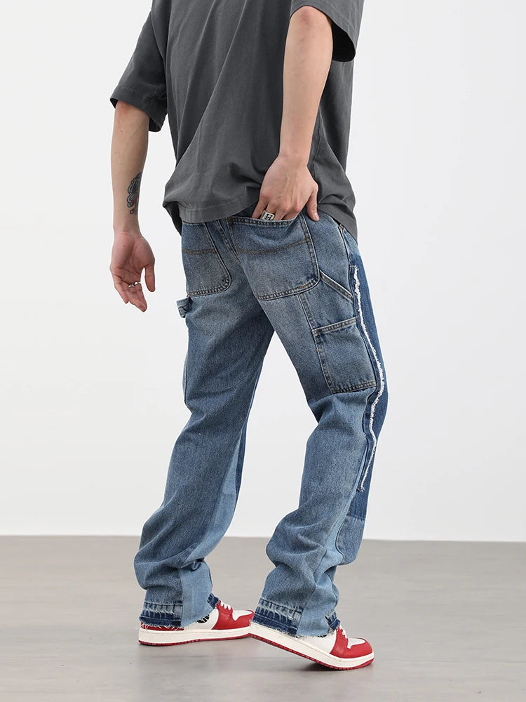 high street fashion contrast straight tube micro flared jean horn pant washing mens tassel vintage patchwork wide denim jeans unique jeans style 4995