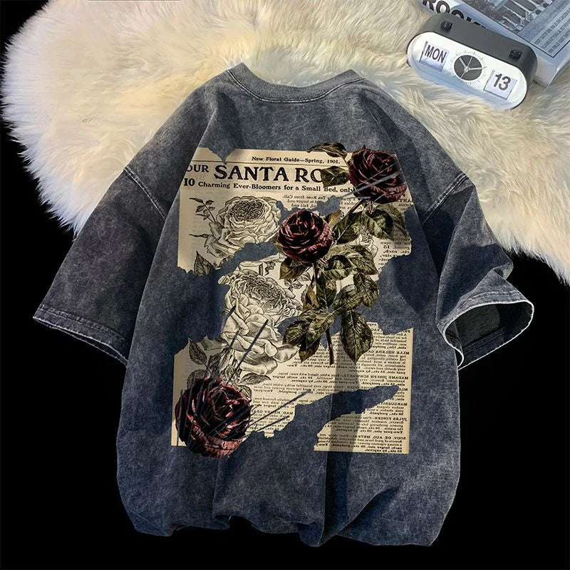 American retro men sleeveT shirt short European and American high street Japanese casual round neck half sleeve men clothing top