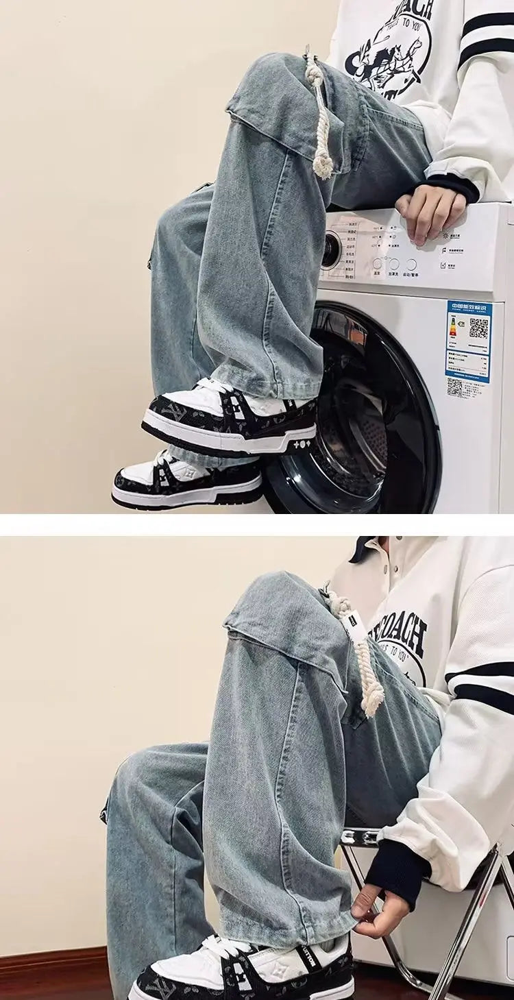 american retro and personalized straight leg jeans for men and women with hiphop big pocket design work pants loose casual pants unique jeans style 760