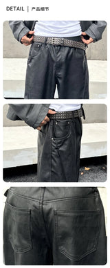 men streetwear fashion hip hop loose casual wide leg leather baggy motorcycle pant cityboy cargo pants trousers unique cargo style 2577