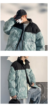 Men Japanese Streetwear Puffer Jackets 2023 Winter Mens Full Print Fashions Bubble Coat Couple Patchwork Thick Parkas