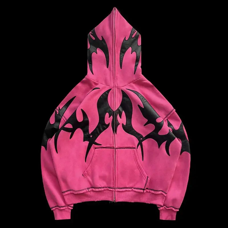 Trendy American Ins Street Goth Thorn Print Sweatshirt Winter Men's Niche Y2K Retro Personality Hip-hop Zipper Sweatshirt Top