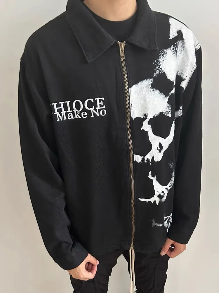 skulls printed harajuku denim jacket and coat mens fashion hip hop full zipper outerwear casual loose streetwear jeans jacket - variant style 6270f8 for streetwear fashion
