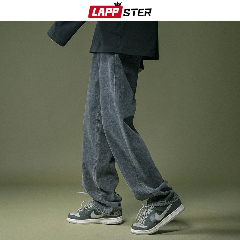 lappster men black baggy jeans streetwear 2023 harajuku casual straight pants male loose streetwear white graphic denim pants vintage washed jeans