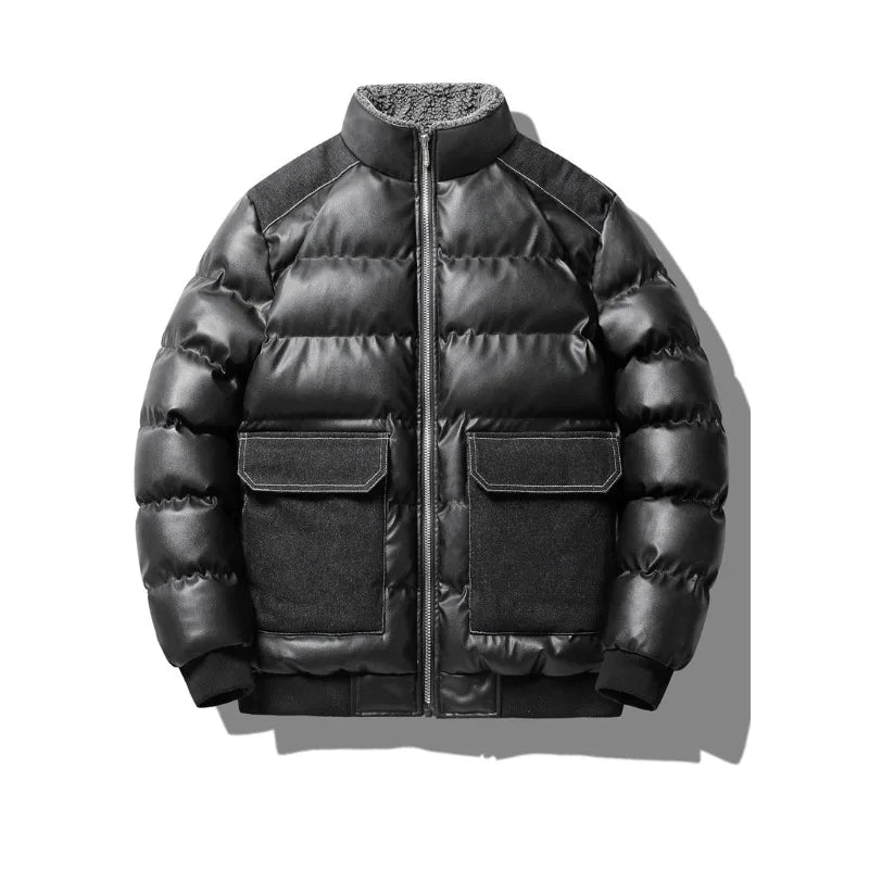 Winter new men's cotton thickened jacket slim stand-up collar splicing PU leather large pocket cotton-padded coat men