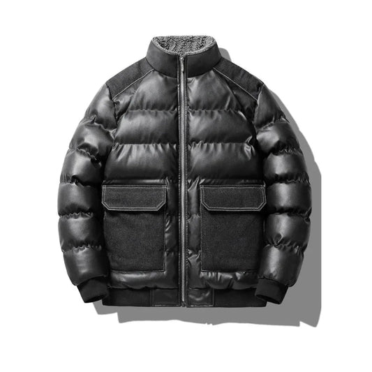 Winter new men's cotton thickened jacket slim stand-up collar splicing PU leather large pocket cotton-padded coat men