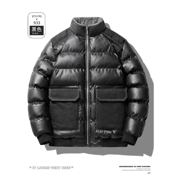 Winter new men's cotton thickened jacket slim stand-up collar splicing PU leather large pocket cotton-padded coat men