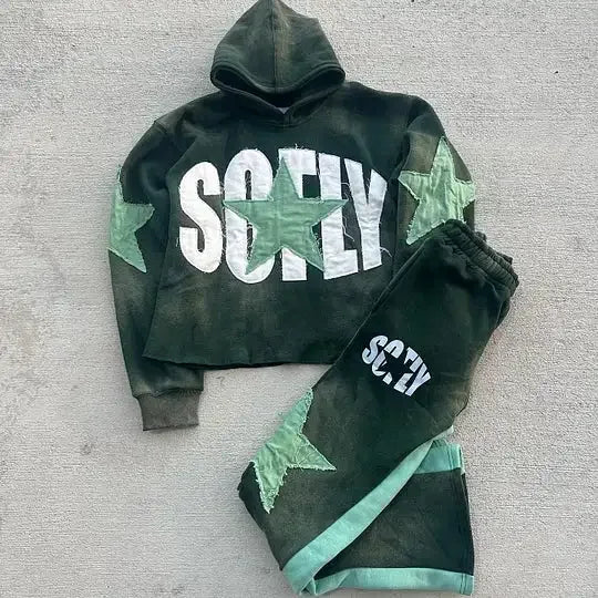 Gothic Retro Harajuku Star Embroidered Letter Oversized Hoodie Mens An