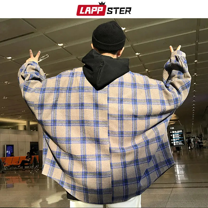 Y2k Harajuku Harajuku Plaid Shirt 2023 Man Streetwear Fleece Shirts Long Sleeve Mens Vintage Korean Fashions Clothes