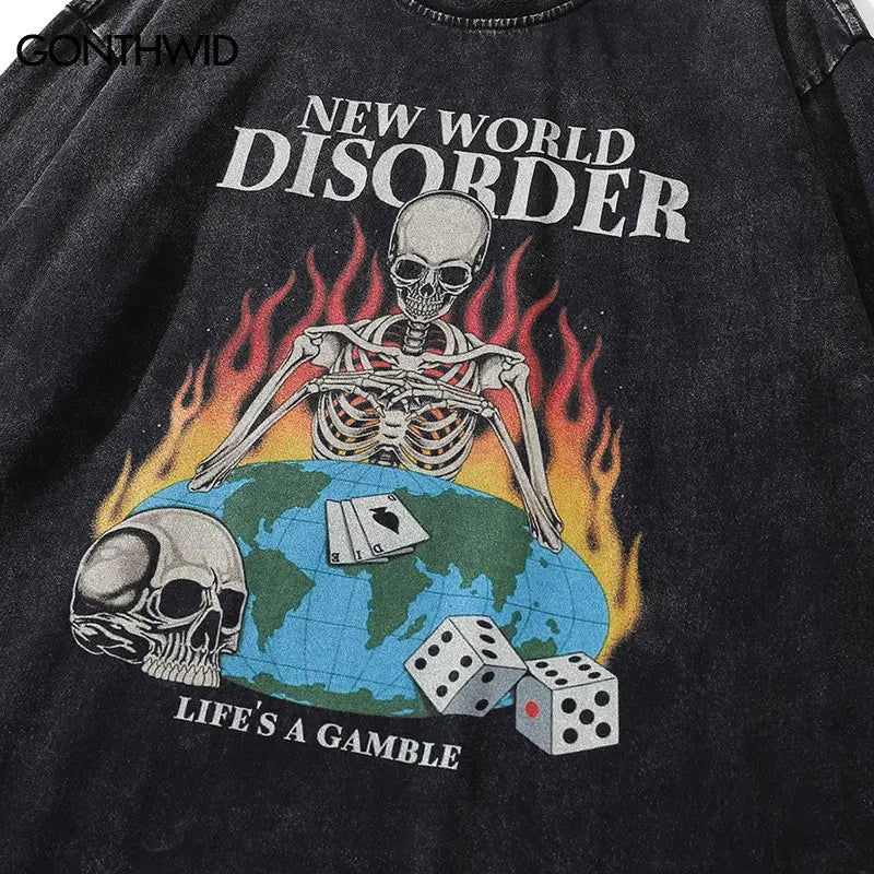 Sadcore Graphic tee – Men Long Sleeve Tshirt Hip Hop Flame Skull Skeleton Poker Pr