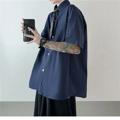 Korean style brown tie shirt men short-sleeved summer Hong Kong style y2k retro drape high-end men shirt casual versatile top