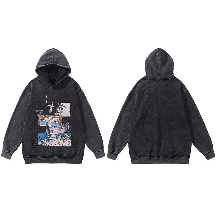 Harajuku aesthetic drop featuring hip hop streetwear oversized hoodie sweatshirt black smoking cartoon harajuku japanese anime graphic men hooded pullover cotton