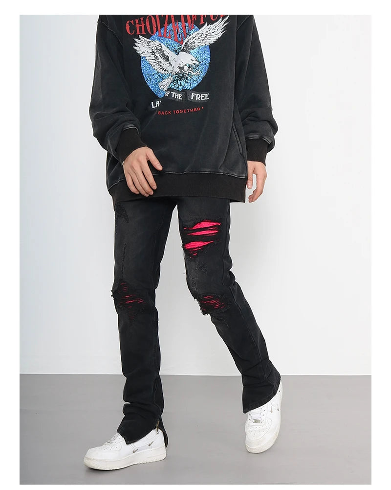 knee ripped patchwork jeans for men hip hop skinny biker taped jean trouser slim fit black denim pants fashion streetwear jogger unique joggers style 3020