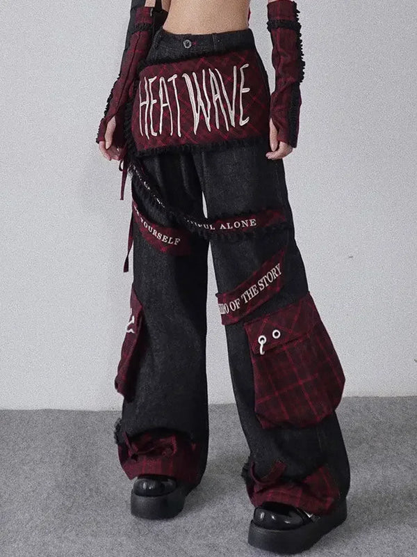 embroidered patchwork red checkered multi pocket jeans with high waist and slimming effect floor length pants baggy jeans women stacked flare jeans