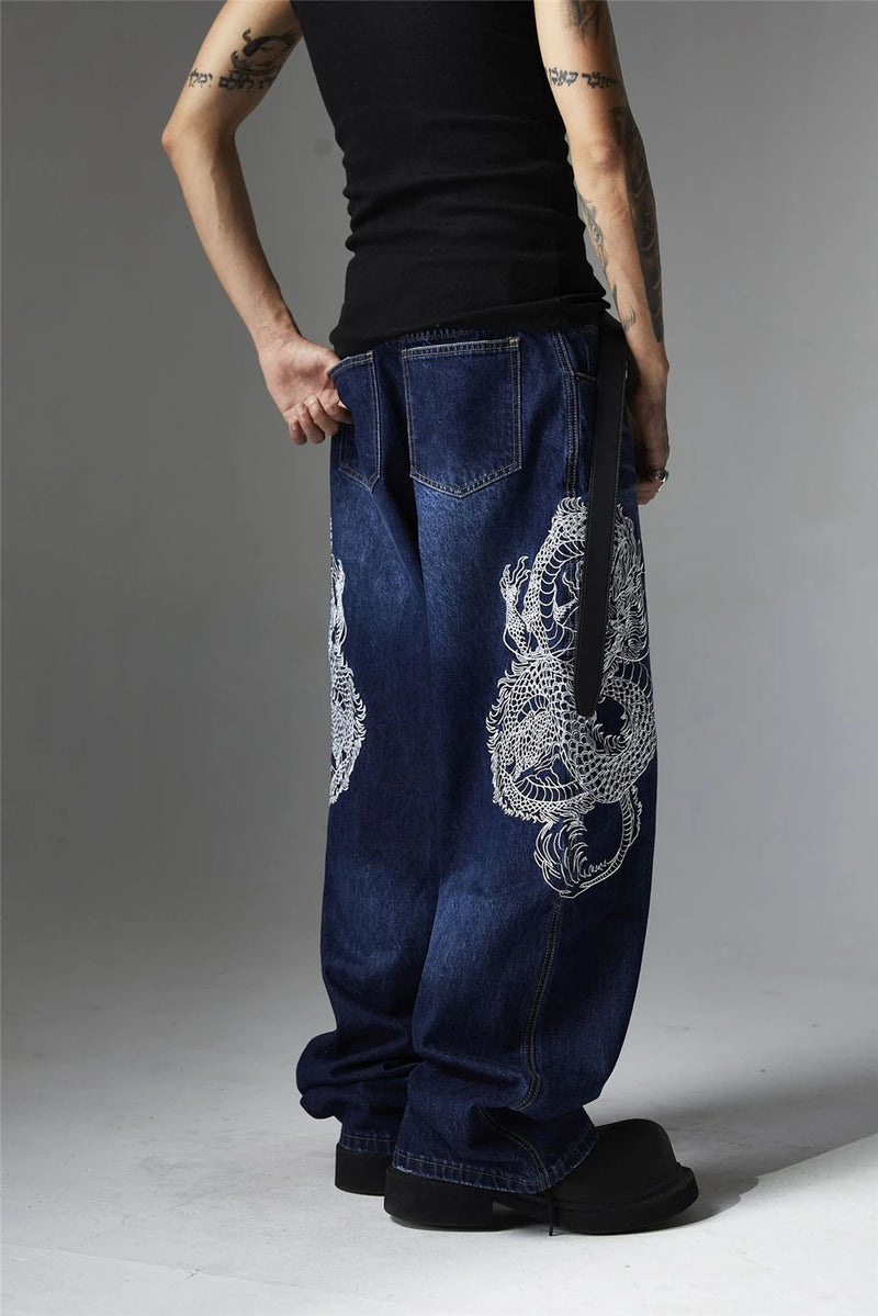 mens black baggy jeans dragon embroidered straight jeans streetwear hip hop loose trousers male luxury designer denim pants unique jeans style 1994