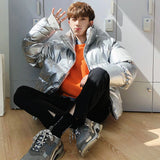 Winter Jacket Men Parkas Thicken Warm Coat Stand Collar Oversize Parkas Bright Leather Fabric Jacket Korean Style Padded Coat