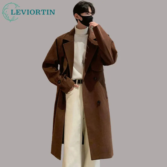 Men's Autumn Winter Mid Length Woolen Coat New Korean Tide Black Thickned Overcoat Long Sleeve Double-breasted Jackets