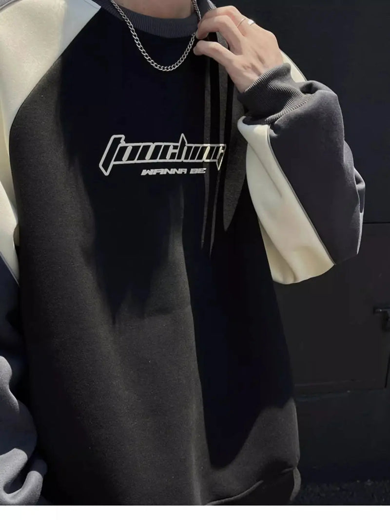 Trendy Personality Korean Motorcycle Style Round Neck Sweatshirt Men 2024 Spring Autumn Niche Contrasting Color Pullover Hot Top
