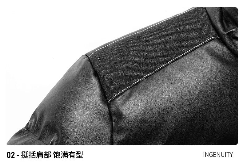 Winter new men's cotton thickened jacket slim stand-up collar splicing PU leather large pocket cotton-padded coat men