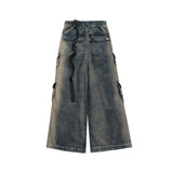 RO Style Gradient Ribbons Multi-pockets Drawstring Jeans for Men Harajuku Streetwear Baggy Y2K Denim Trousers Oversized Cargos