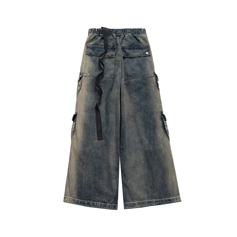 RO Style Gradient Ribbons Multi-pockets Drawstring Jeans for Men Harajuku Streetwear Baggy Y2K Denim Trousers Oversized Cargos