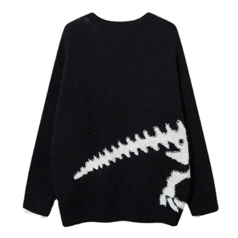 hip hop knitted sweater mens o neck dinosaur pattern fake two pieces pullover streetwear casual loose sweater jumper knitwear - Y2K grunge street style, anime inspired graphic hoodie, soft fleece-lined outerwear
