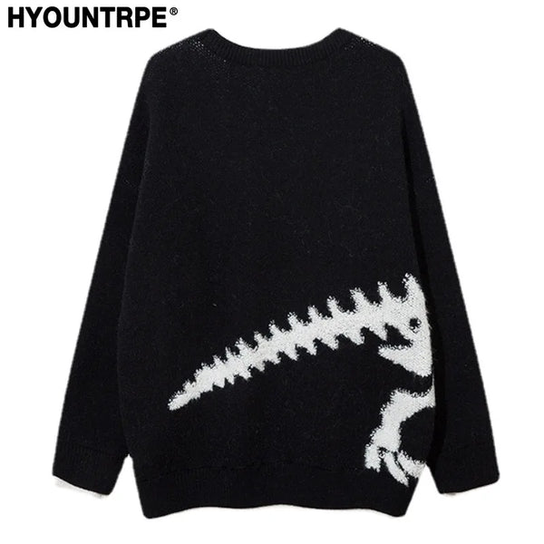 hip hop knitted sweater mens o neck dinosaur pattern fake two pieces pullover streetwear casual loose sweater jumper knitwear - Y2K grunge street style, anime inspired graphic hoodie, soft fleece-lined outerwear