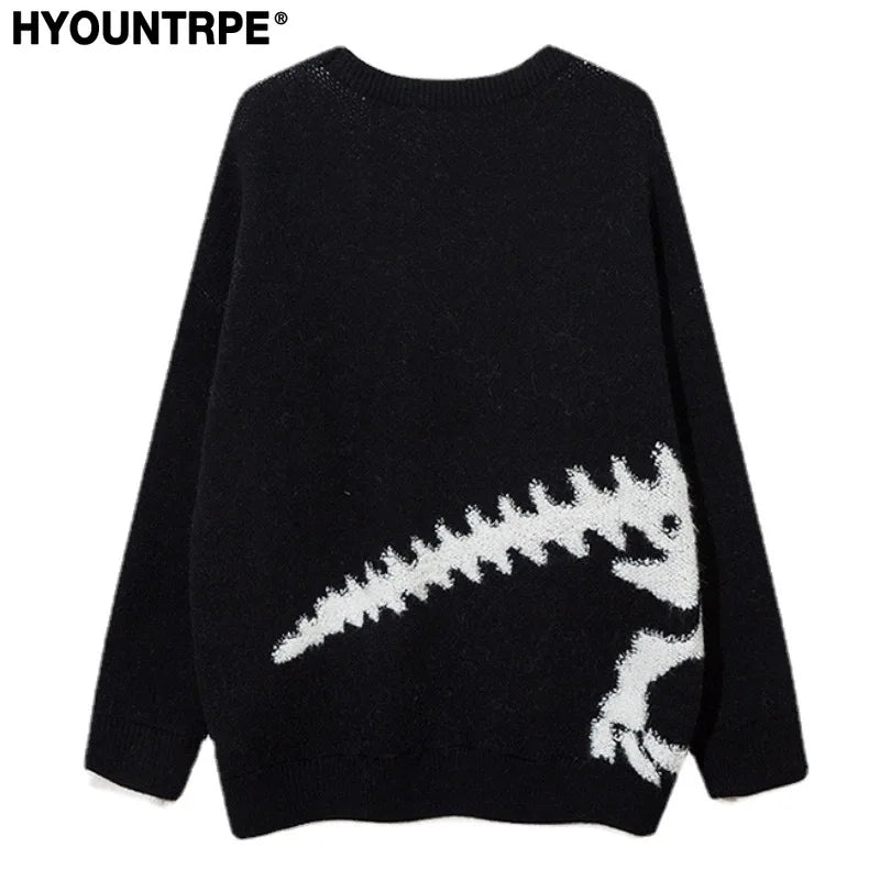 hip hop knitted sweater mens o neck dinosaur pattern fake two pieces pullover streetwear casual loose sweater jumper knitwear - Y2K grunge street style, anime inspired graphic hoodie, soft fleece-lined outerwear