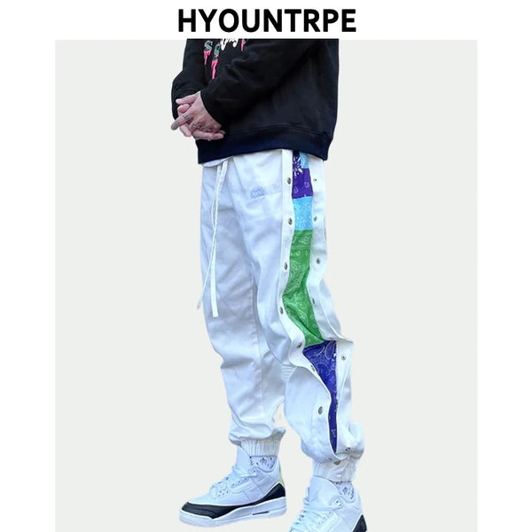 hip hop loose fit elastic waist pants patchwork paisley side bottoms ankle pants mens casual drewstring sportwear pants joggers relaxed fit joggers