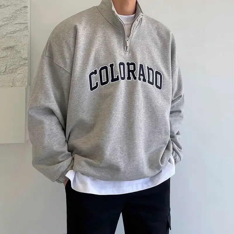 Autumn And Winter Half Turtleneck Half Zipper Sweatshirt Men Letter Pr