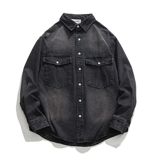 Mens Cargo Denim Shirt With Chest Pocket America Retro Tooling Shirt