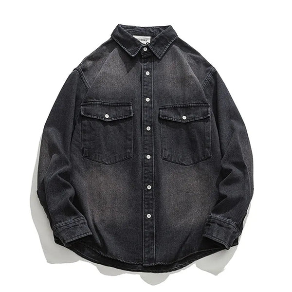 Mens Cargo Denim Shirt With Chest Pocket America Retro Tooling Shirt