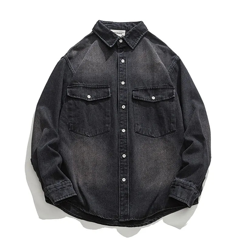 Mens Cargo Denim Shirt With Chest Pocket America Retro Tooling Shirt