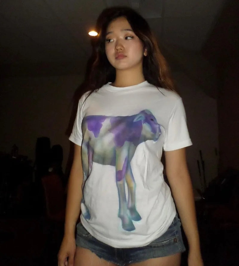Sadcore Graphic tee – American Street Loose Casual Colorful Cow Print Short Sleeve